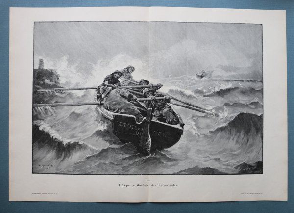 Holzstich G Haquette 1885-1890 Ausfahrt des Fischerbootes Sturm